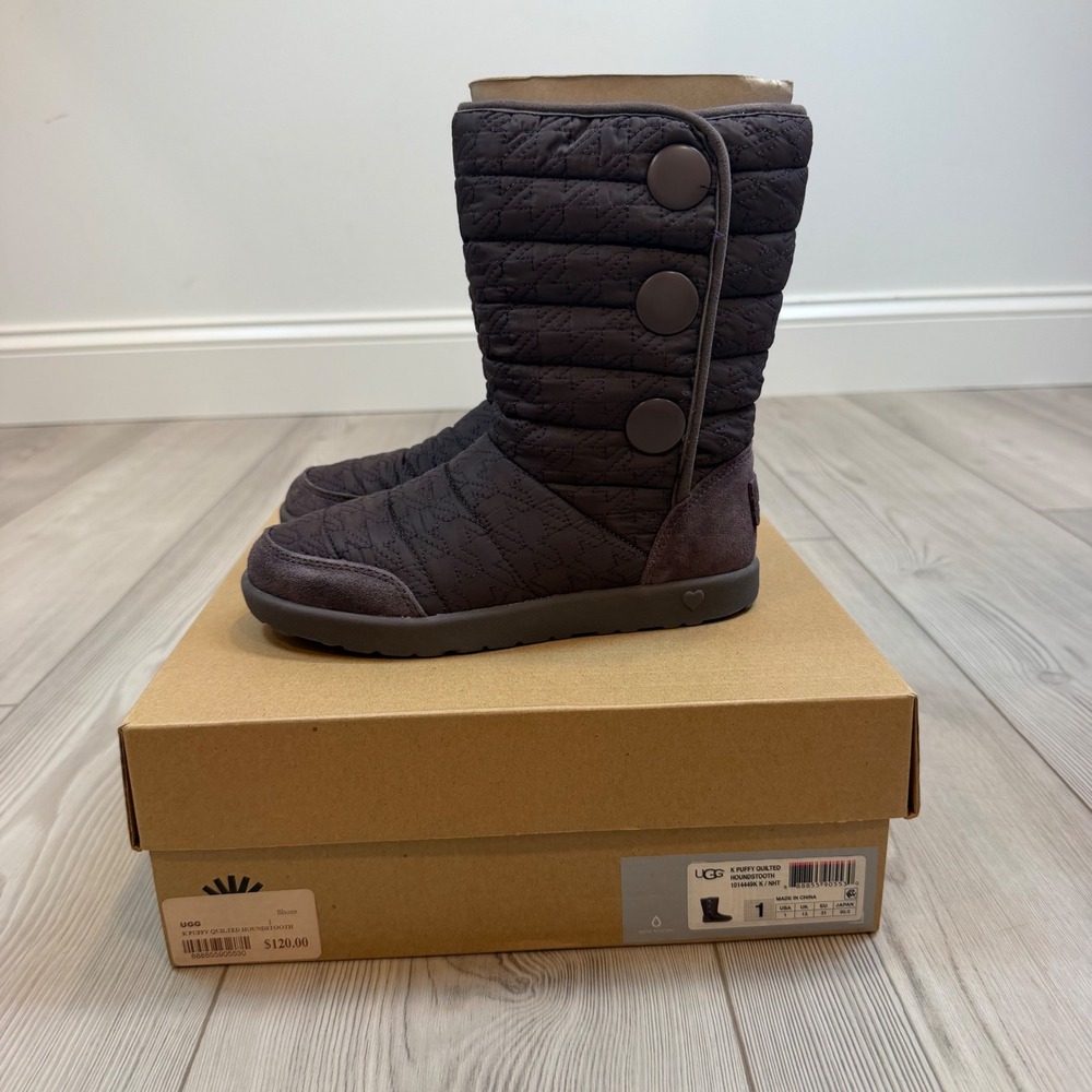 NEW UGG Puffy Quilted Houndstooth Nightfall Purple Winter Boots 1014449K Kids 1